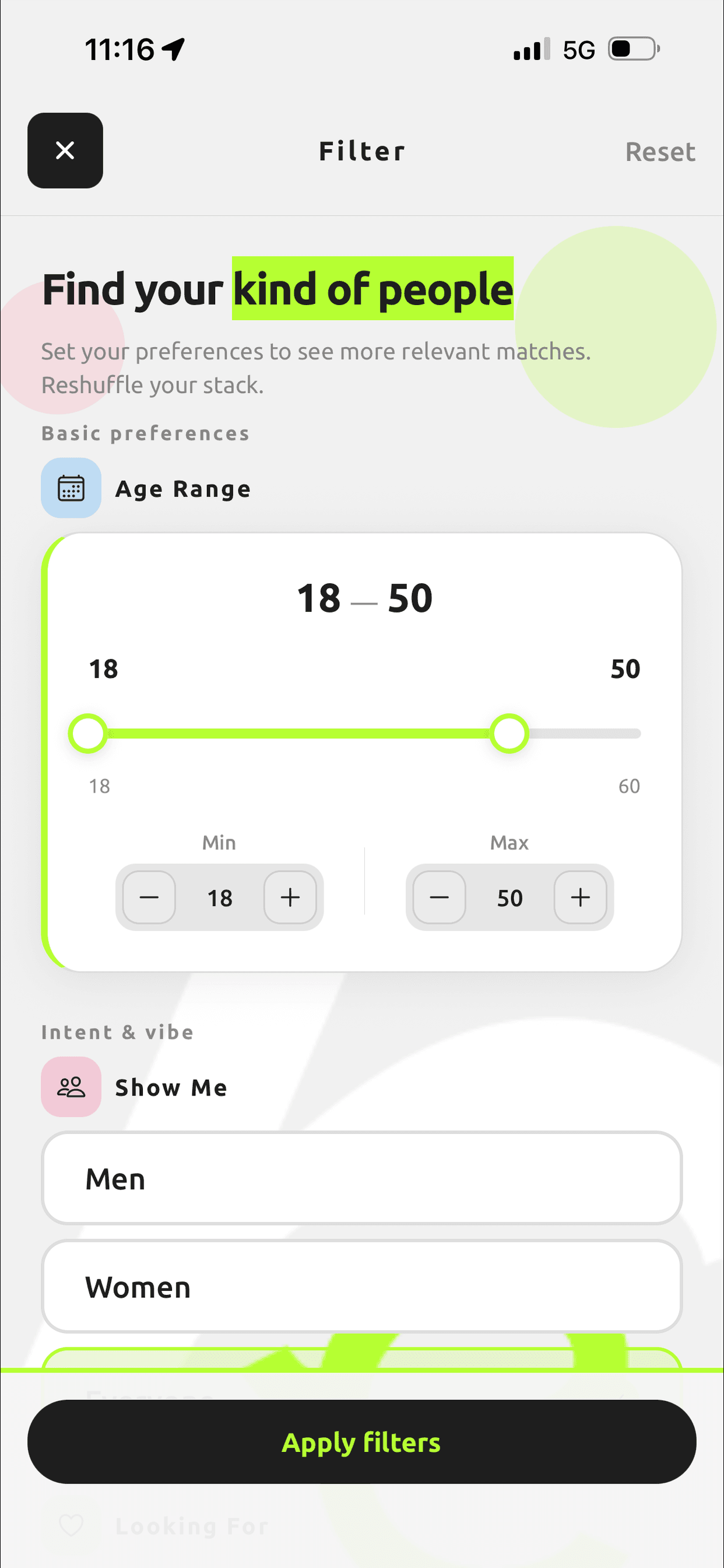 Reshuffl filter and preferences screen